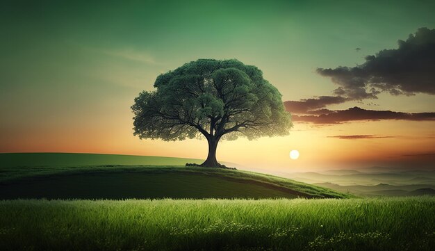 Escena pintoresca de un sol poniente y un árbol solitario en un prado cubierto de hierba con espacio para una copia personalizada