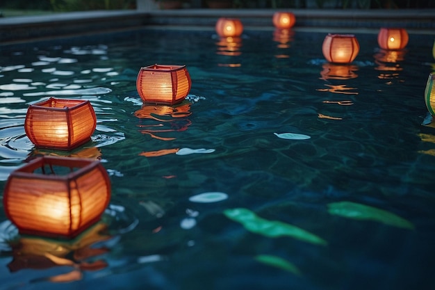 Foto escena de piscina de ensueño con linternas flotantes