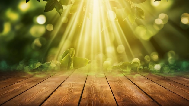 Escena de piso de madera de fondo bokeh verde con luz solar