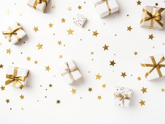 Escena plana de Navidad con caja de git con nudo de arco dorado