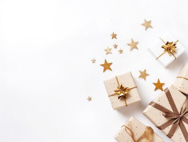Escena plana de Navidad con caja de git con nudo de arco dorado
