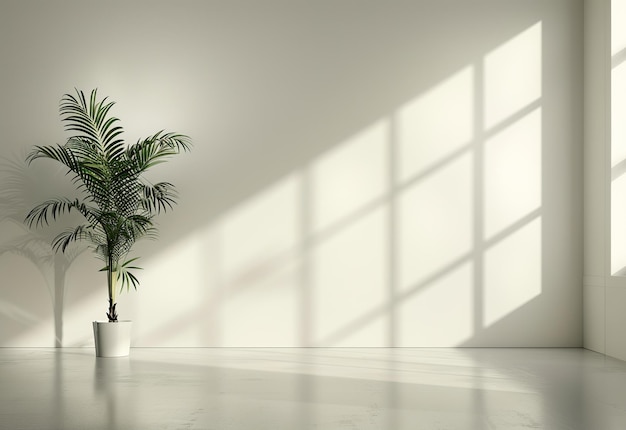 Una escena de una planta de palma en olla posicionada contra una pared plana luz natural proyectando sombras intrincadas jarrón en una habitación blanca luz del día brillante foto interior luz natural en el ambiente minimalista de la habitación