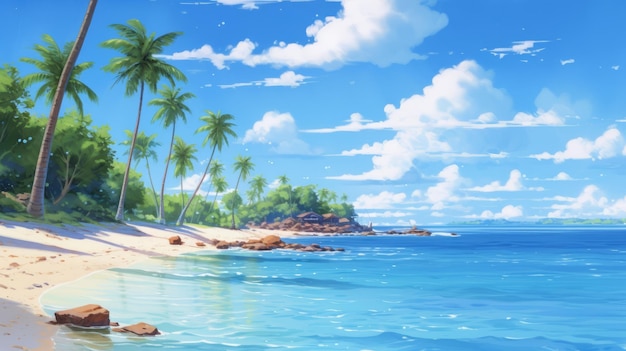 Escena de playa anime 8k de árboles y agua.