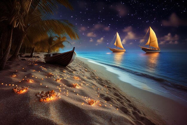 Una escena de playa con un barco en la arena y una palmera al fondo.