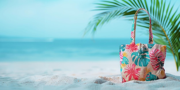 Escena en la playa con una bolsa tropical impresa en arena blanca bajo un estandarte de Palm Tree Vacation Vibes Copy spacy