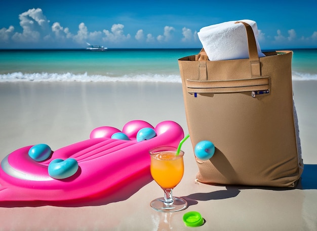 Una escena de playa con un bolso rosa y un bolso de playa con una toalla de playa y una bebida.