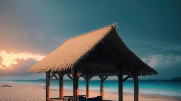 Una escena de playa con una cabaña en la playa.
