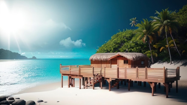 Una escena de playa con una cabaña en la playa.