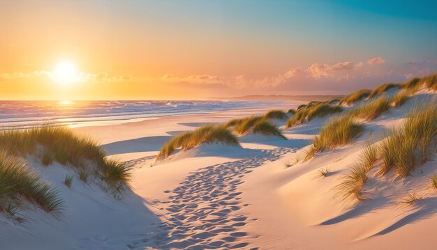 Una escena de playa con un camino que conduce a las dunas huellas en la arena y la puesta de sol en el fondo