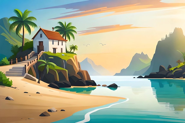 Una escena de playa con una casa y palmeras.