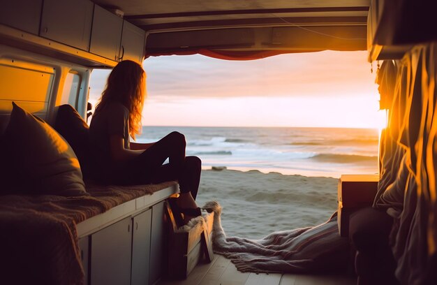 Escena de la playa y la chica dentro de la camioneta al atardecer