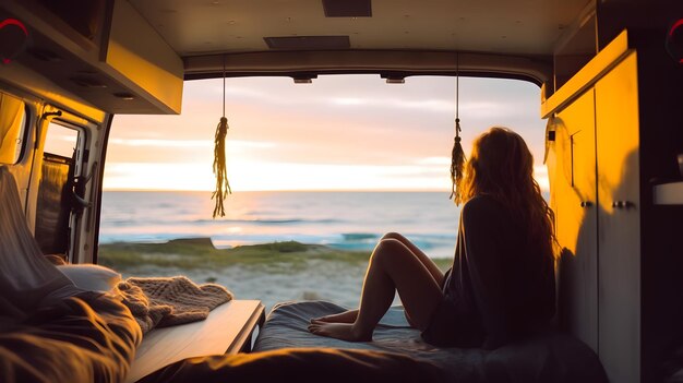 Escena de la playa y la chica dentro de la camioneta al atardecer