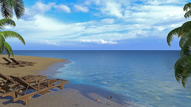 Una escena de playa con un cielo azul y algunas nubes.