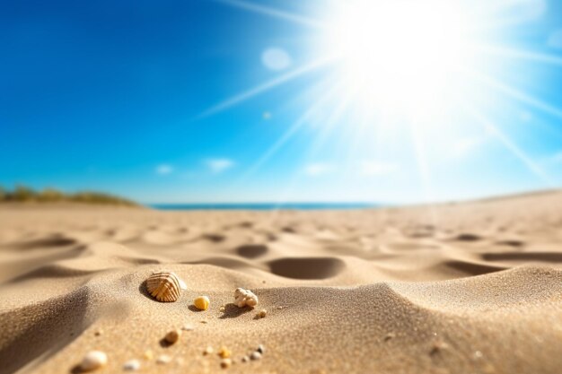 Una escena de playa con un cielo azul y conchas.