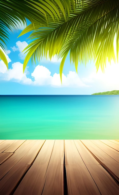 Foto una escena de playa con un cielo azul y una cubierta de madera con vistas al mar y un cielo azul con nubes.