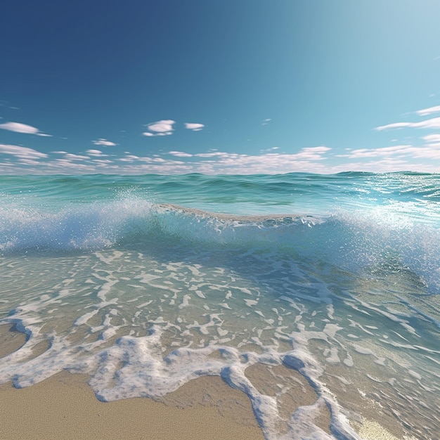 Una escena de playa con un cielo azul y nubes blancas.