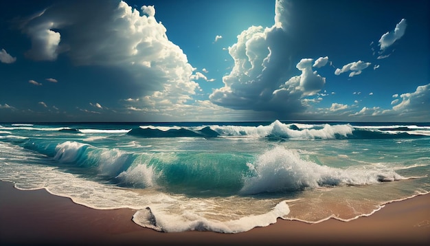 Una escena de playa con un cielo azul y nubes.