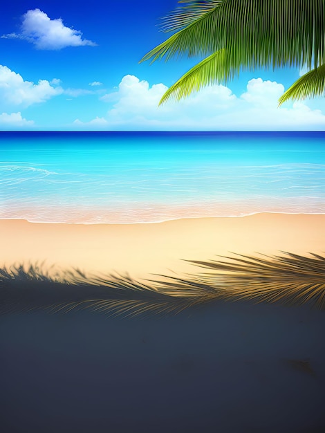Una escena de playa con un cielo azul y el océano de fondo.