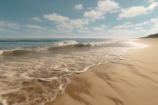 Una escena de playa con un cielo azul y olas.