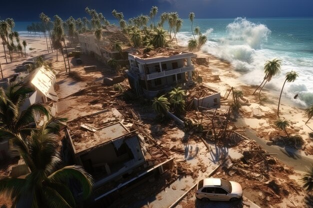 una escena de playa con un coche y una palmera