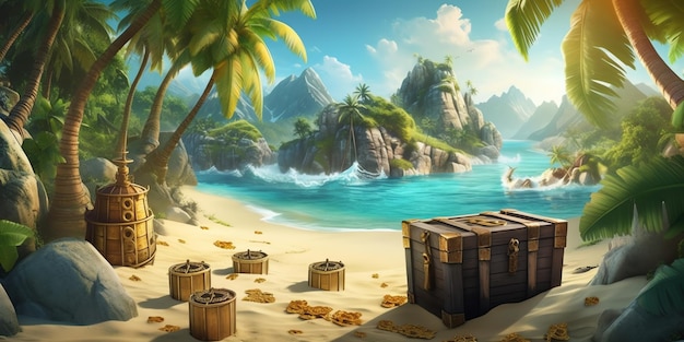 Una escena de playa con un cofre pirata y una isla tropical de fondo.