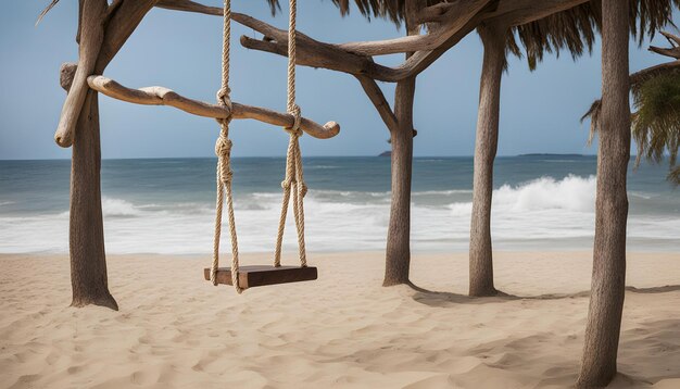 una escena de playa con un columpio colgando de un árbol