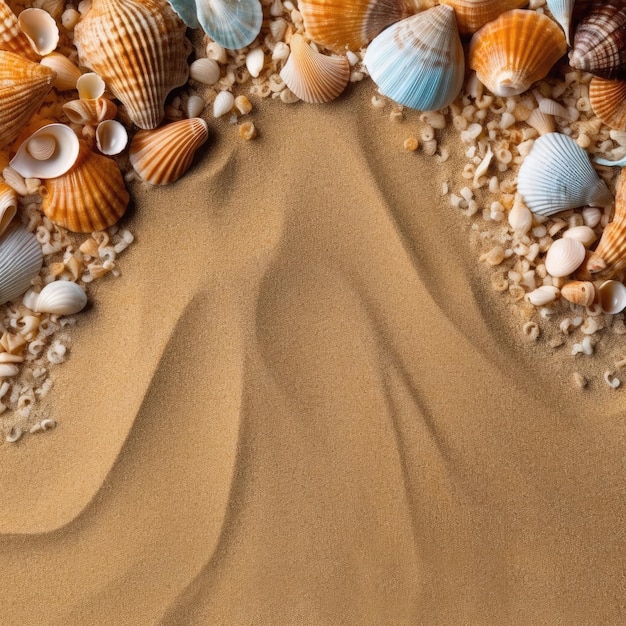 Una escena de playa con conchas y arena al fondo.