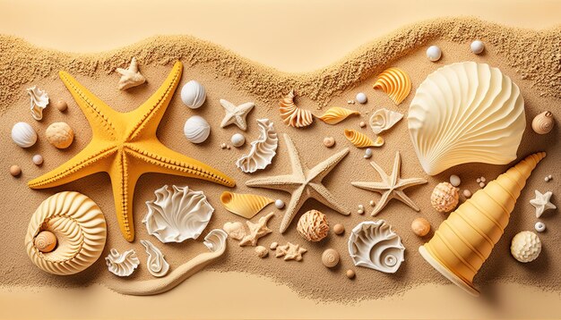 Una escena de playa con conchas y estrellas de mar en la arena.