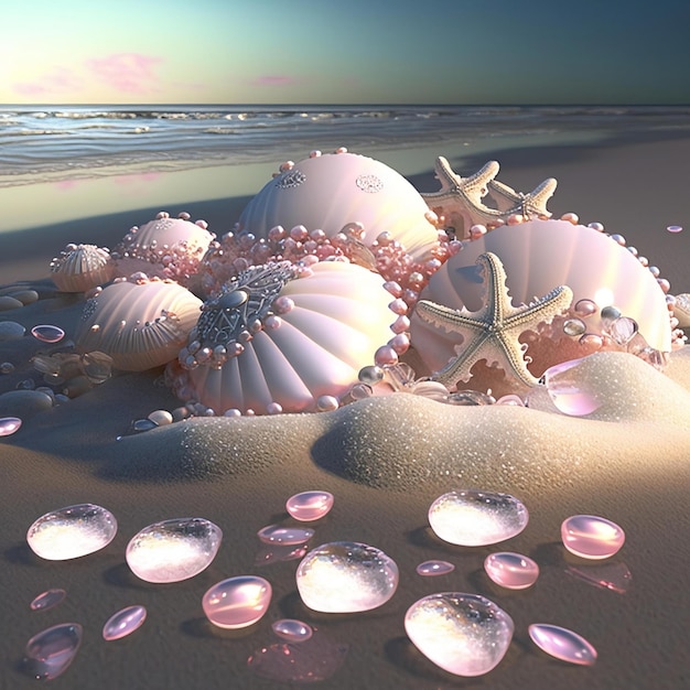 Una escena de playa con conchas y estrellas de mar en la arena.