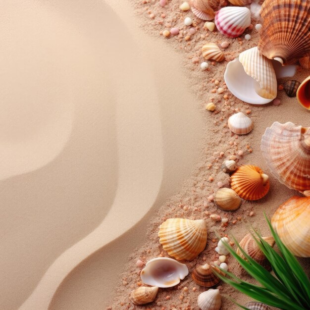 Una escena de playa con conchas y hierba verde en la arena.