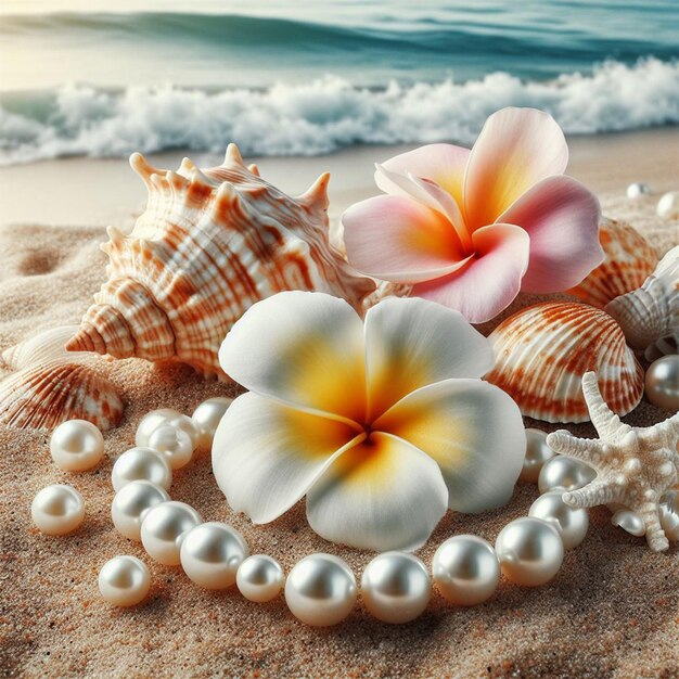 Foto una escena de playa con conchas y perlas en el fondo de papel de pared de arena