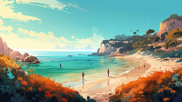 Una escena de playa con una escena de playa y un hombre caminando por la playa.