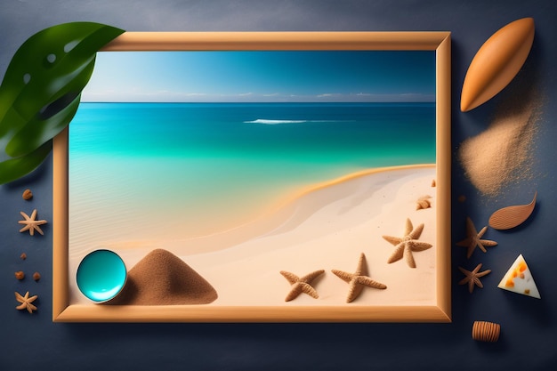 Una escena de playa con una escena de playa y un marco de fotos.