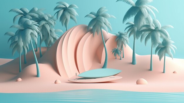 Escena de playa estilo Papercut con palmeras, tabla de surf y globo aerostático con IA generativa