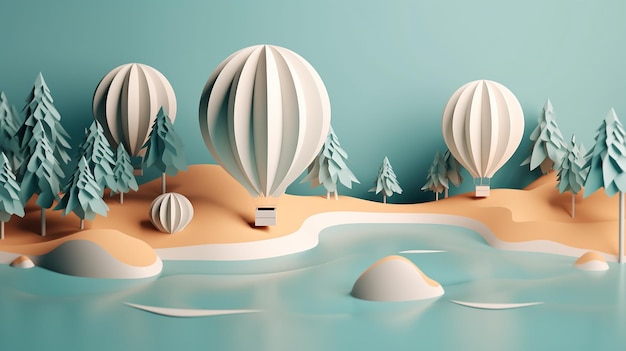Escena de playa estilo Papercut con palmeras, tabla de surf y globo aerostático con IA generativa