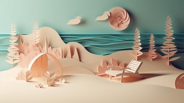 Escena de playa estilo Papercut con palmeras, tabla de surf y globo aerostático con IA generativa