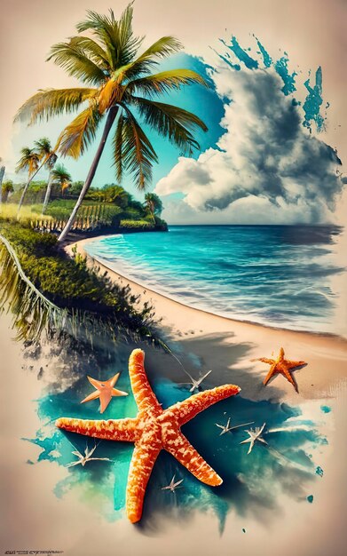 Foto escena de la playa una estrella de mar en primer plano punto de desaparición en papel blanco