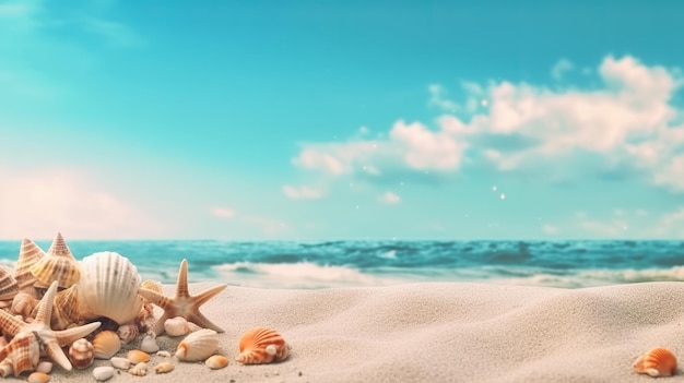 Una escena de playa con estrellas de mar y conchas marinas en la arena.