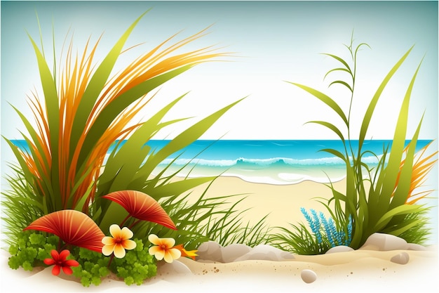 Una escena de playa con flores y plantas.