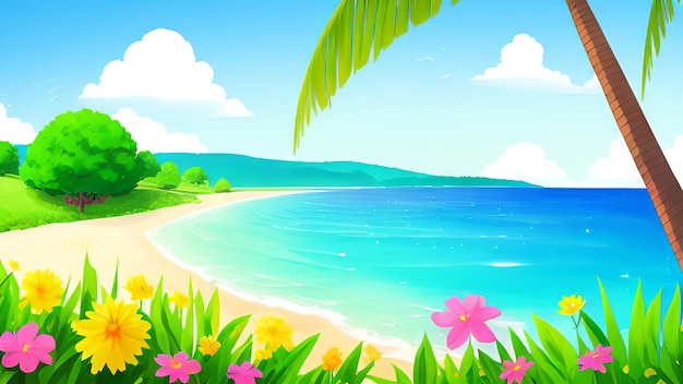 Una escena de playa con flores y una playa