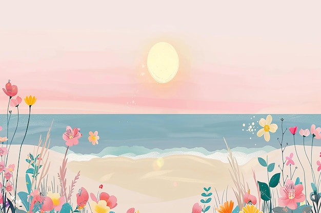 una escena de playa con flores y el sol en el fondo