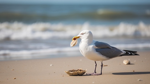 Una escena de playa con una gaviota sosteniendo una almeja en su pico