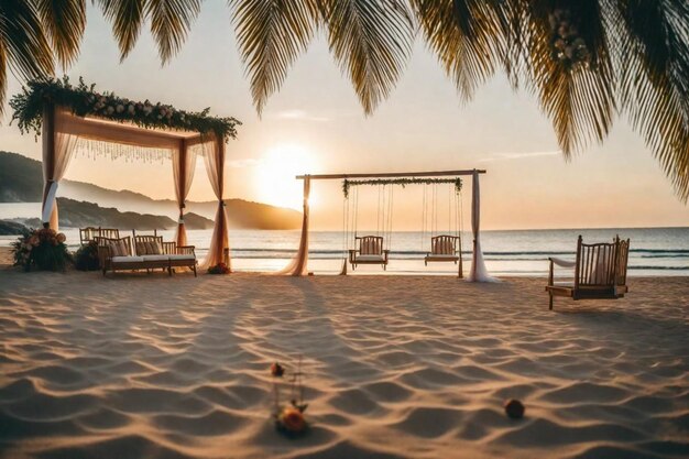 Foto una escena de playa con una hamaca y palmeras con una escena de praia en el fondo