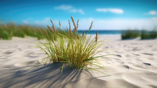 Una escena de playa con hierba en la arena.