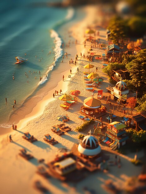 Escena de playa en la hora dorada con lente de cambio de inclinación