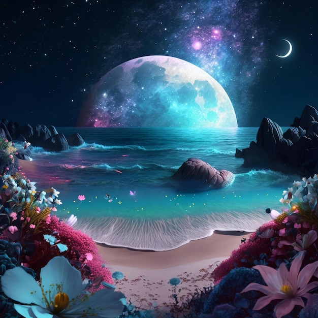 Una escena de playa con luna y estrellas.