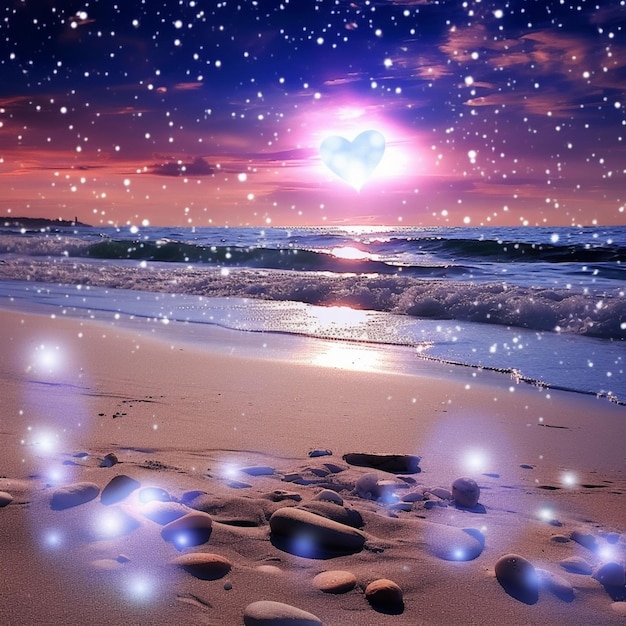 Una escena de playa con una luna en forma de corazón en el cielo.