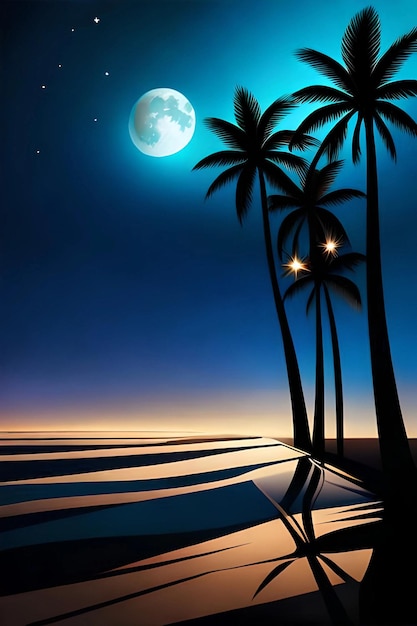 Una escena de playa con luna y palmeras.