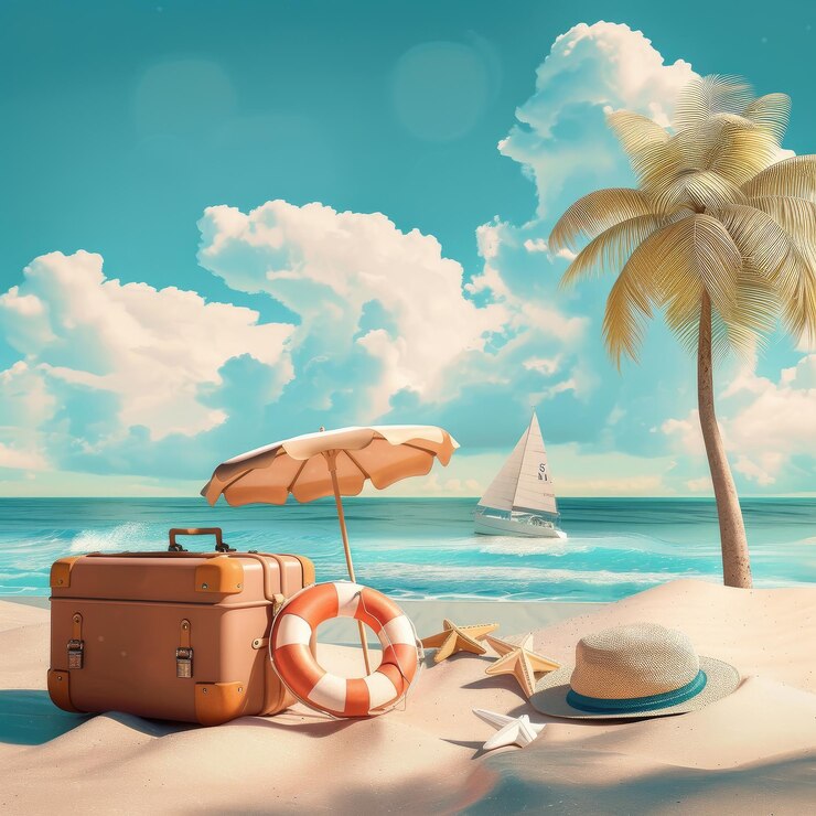 una escena de playa con una maleta y una palmera en la playa verano la temporada más calurosa