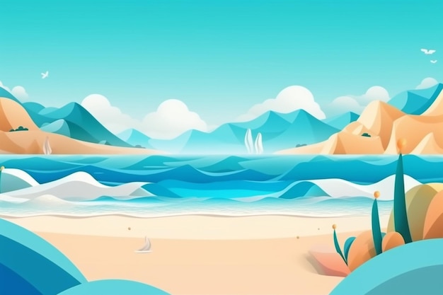 Escena de playa con un océano azul y montañas al fondo.